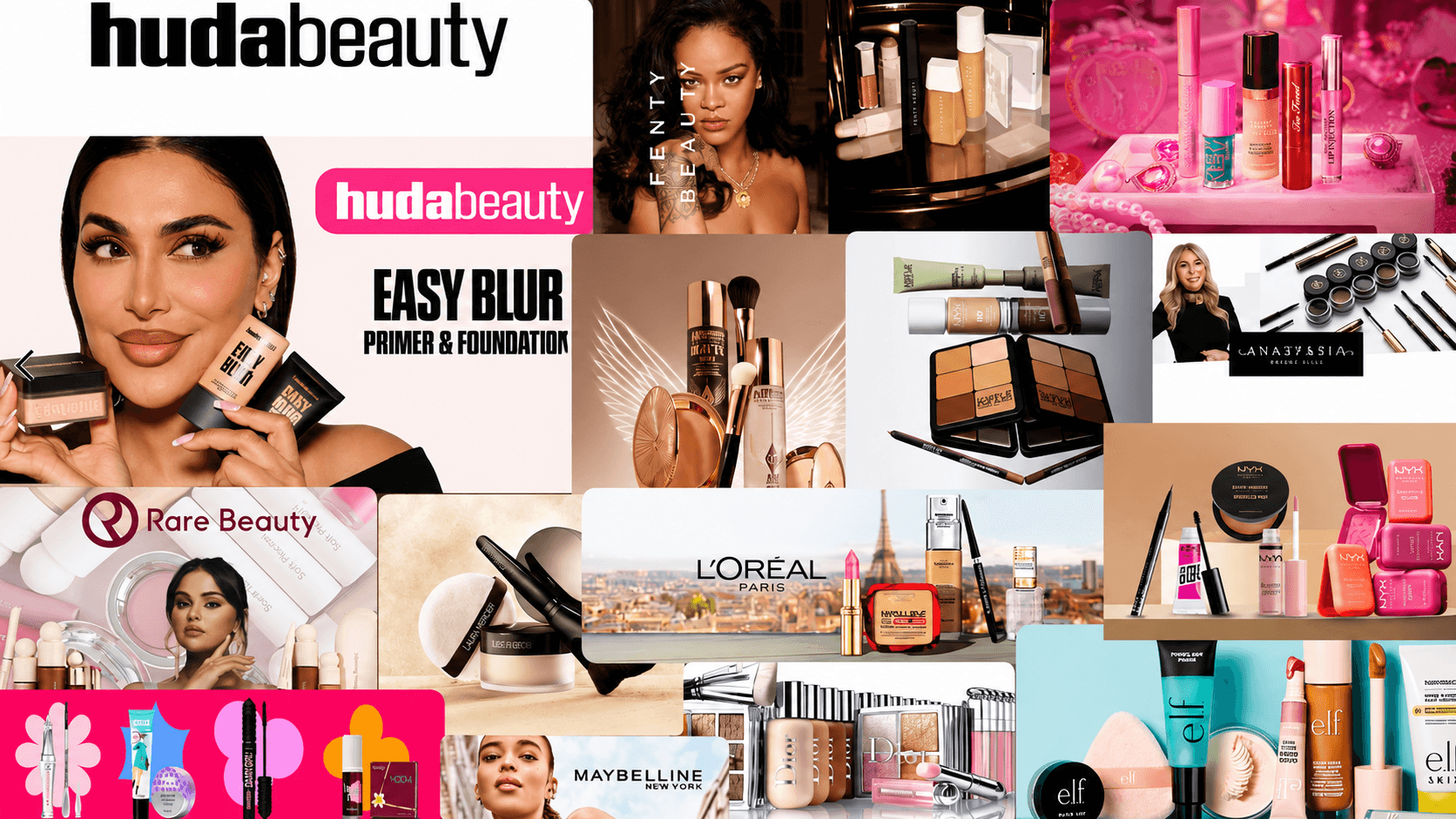 Campagnes des marques distribuées par Almasse Beauty : Huda Beauty, Rare Beauty, Fenty Beauty, L'Oréal Paris, Maybelline, NYX, Anastasia Beverly Hills et e.l.f.
